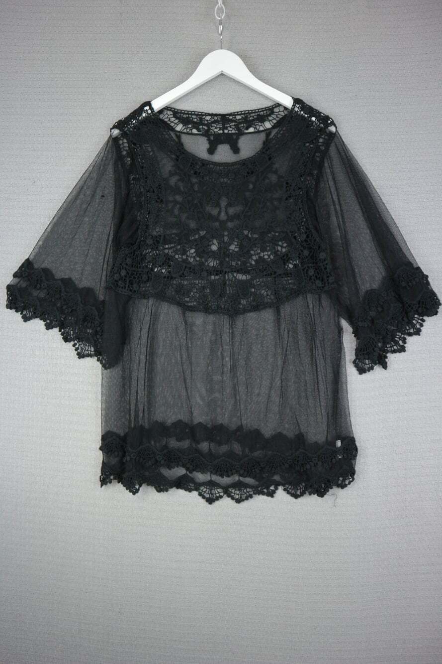 Black Sheer Mesh Crochet Lace Overlay Blouse Boho Tunic Women's Size L